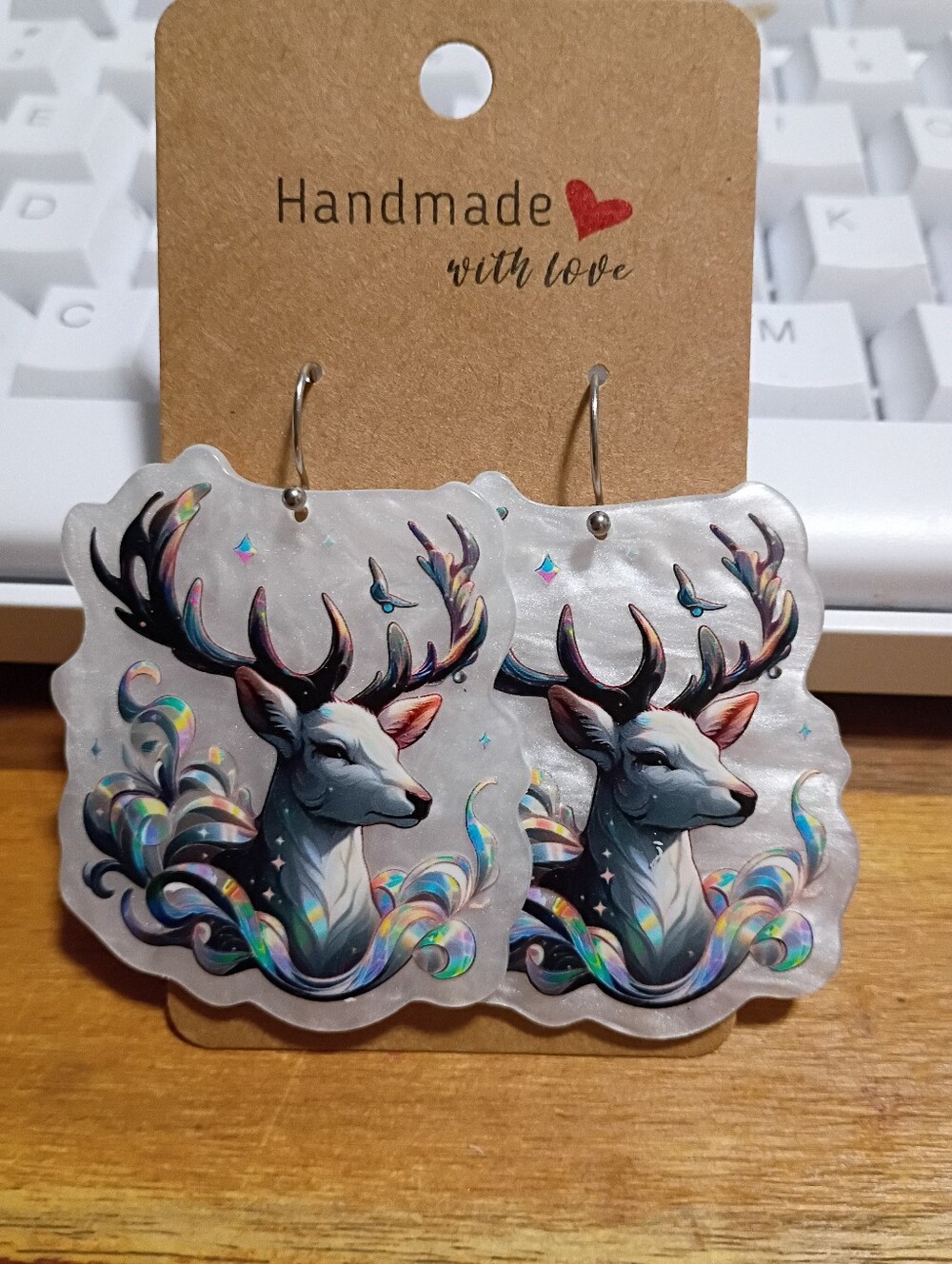 Handmade Multicolor Mystical White Stag Antler Earrings